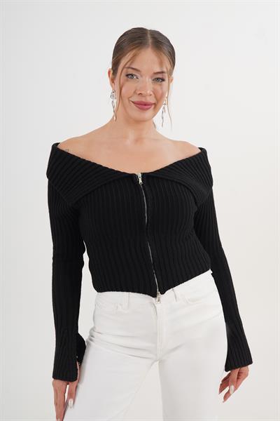 Çift Fermuarlı Modonna Yaka Fitilli Siyah Triko Hırka