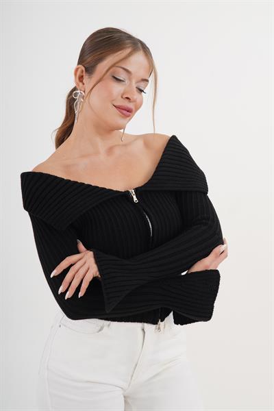 Çift Fermuarlı Modonna Yaka Fitilli Siyah Triko Hırka