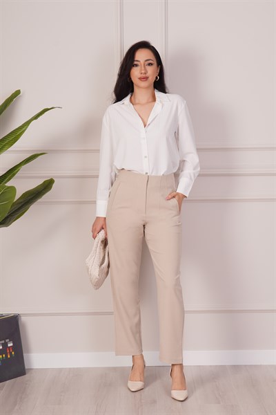Çift Pens Detaylı Bej Kumaş Pantolon