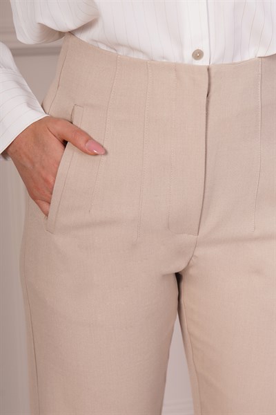Çift Pens Detaylı Bej Kumaş Pantolon