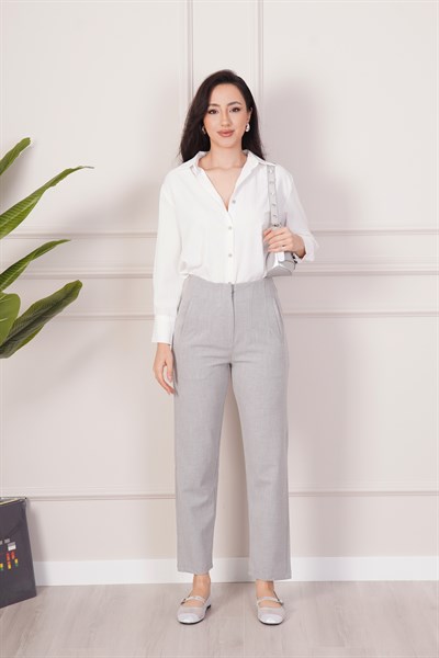 Çift Pens Detaylı Gri Kumaş Pantolon