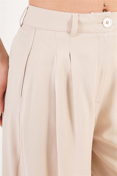 Çift Pileli Yüksek Bel Bej Palazzo Pantolon