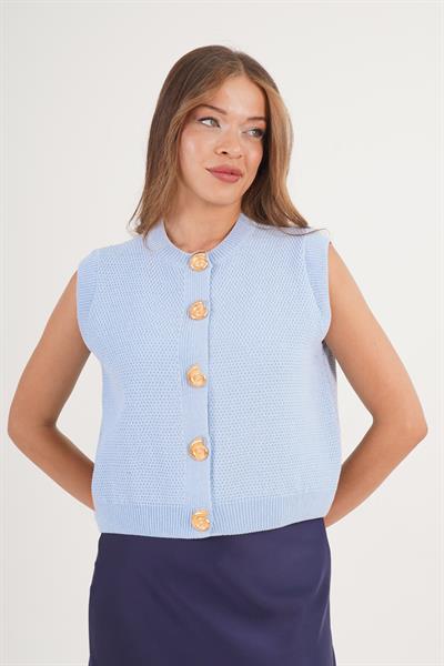 Çıtçıt Düğmesi Aksesuarlı Sıfır Kol Bebe Mavisi Triko Yelek