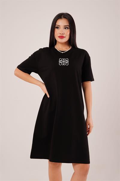 Çıtırık Baskılı Kısa Kol Siyah Elbise