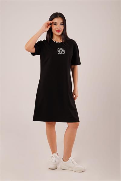 Çıtırık Baskılı Kısa Kol Siyah Elbise