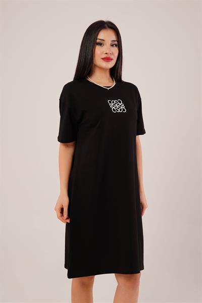 Çıtırık Baskılı Kısa Kol Siyah Elbise