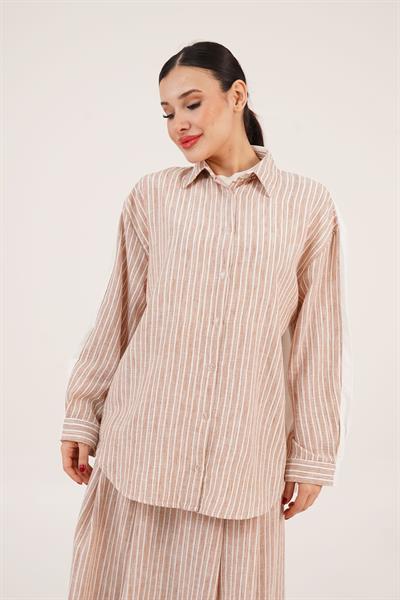 Çizgi Desenli Arkası Düz Model Keten Camel Gömlek
