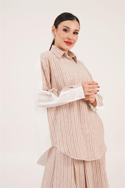 Çizgi Desenli Arkası Düz Model Keten Camel Gömlek