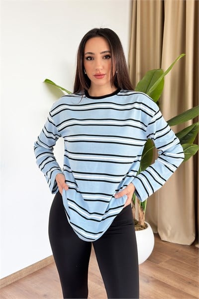 Çizgi Desenli Bisiklet Yaka Bebe Mavisi Tişört