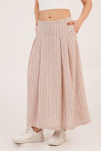 Çizgi Desenli Trend Midi Keten Camel Etek