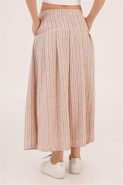 Çizgi Desenli Trend Midi Keten Camel Etek
