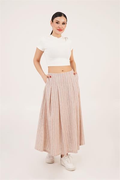 Çizgi Desenli Trend Midi Keten Camel Etek