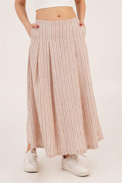 Çizgi Desenli Trend Midi Keten Camel Etek