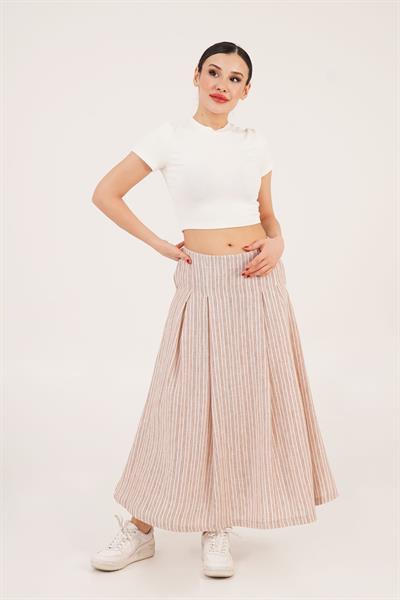 Çizgi Desenli Trend Midi Keten Camel Etek