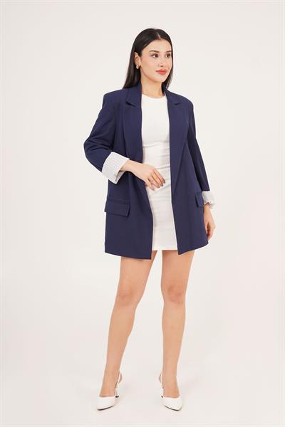 Astarı Çizgi Detaylı Lacivert Blazer Ceket	