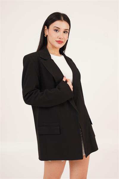 Astarı Çizgi Detaylı Siyah Blazer Ceket	