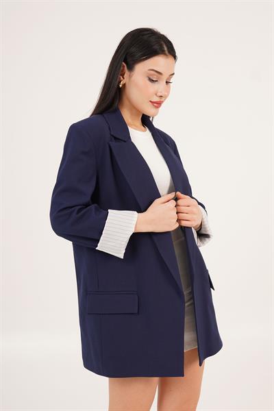 Astarı Çizgi Detaylı Lacivert Blazer Ceket	