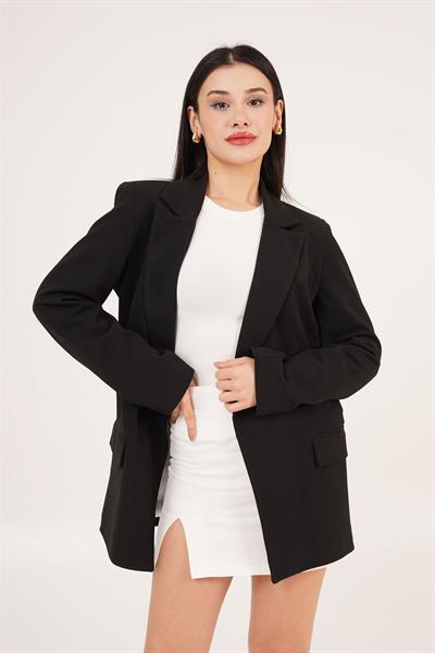Astarı Çizgi Detaylı Siyah Blazer Ceket	