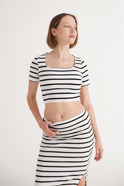 Çizgili Basic Crop Etek Beyaz Takım