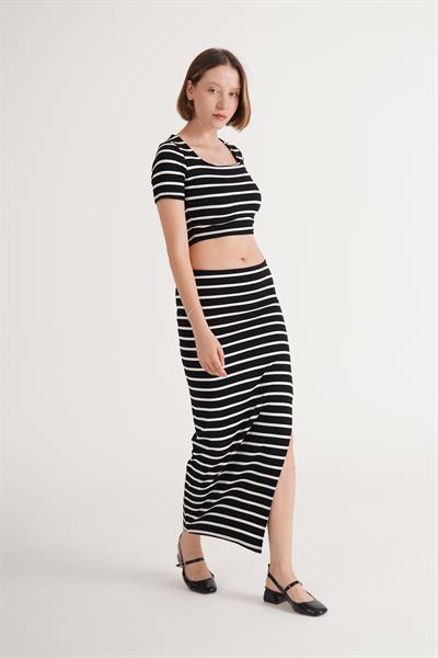 Çizgili Basic Crop Etek Siyah Takım