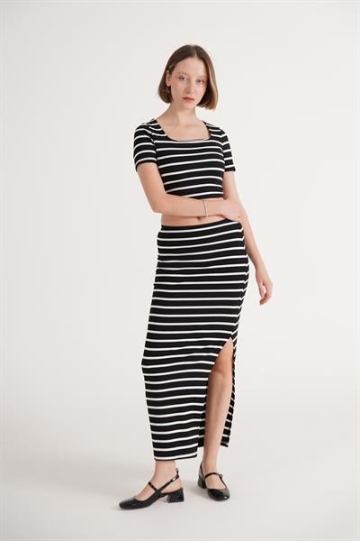 Çizgili Basic Crop Etek Siyah Takım