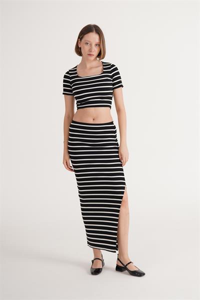 Çizgili Basic Crop Etek Siyah Takım