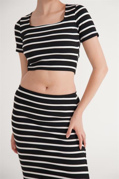 Çizgili Basic Crop Etek Siyah Takım
