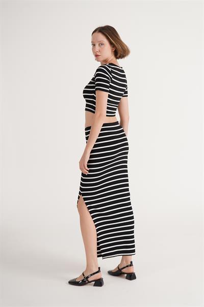 Çizgili Basic Crop Etek Siyah Takım