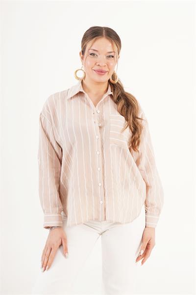 Çizgili Cep Detaylı Camel Gömlek
