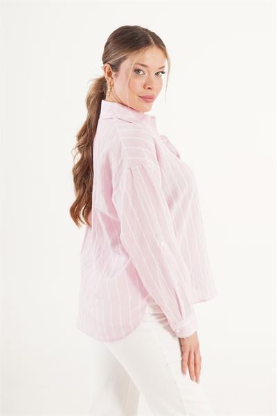Çizgili Cep Detaylı Pembe Gömlek