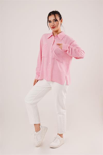 Yarasa Kol Çizgili Cep Detaylı Pembe Gömlek