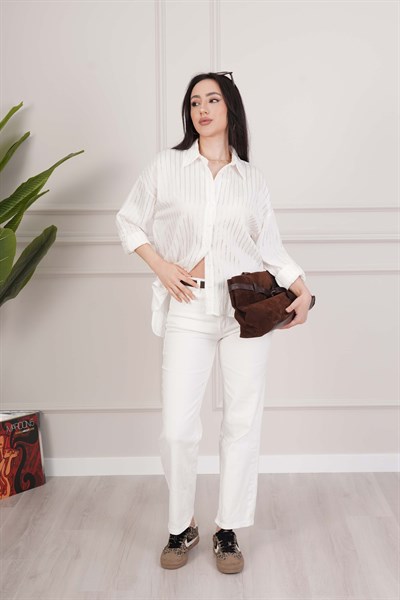 Sunshine Çizgili Kontrast Ekru Gömlek