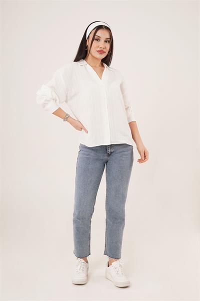 V Yaka Yarasa Kol Detaylı Çizgili Beyaz Gömlek