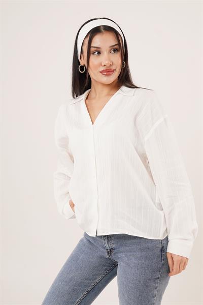 V Yaka Yarasa Kol Detaylı Çizgili Beyaz Gömlek