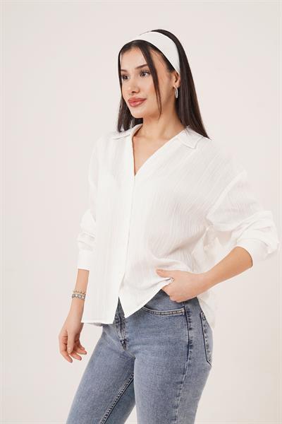 V Yaka Yarasa Kol Detaylı Çizgili Beyaz Gömlek