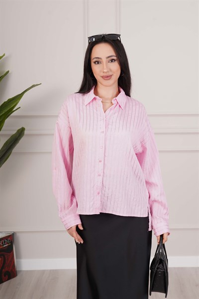 Sunshine Çizgili Kontrast Pembe Gömlek