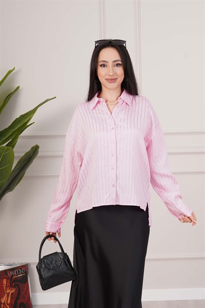 Sunshine Çizgili Kontrast Pembe Gömlek