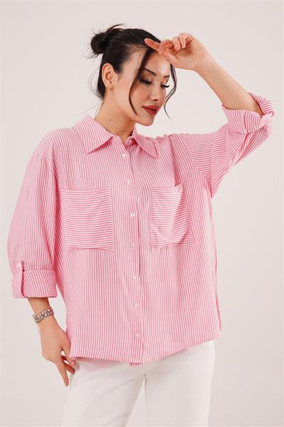 Yarasa Kol Çizgili Cep Detaylı Pembe Gömlek