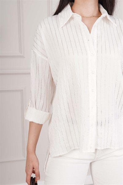 Sunshine Çizgili Kontrast Ekru Gömlek