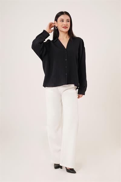 V Yaka Yarasa Kol Detaylı Çizgili Siyah Gömlek