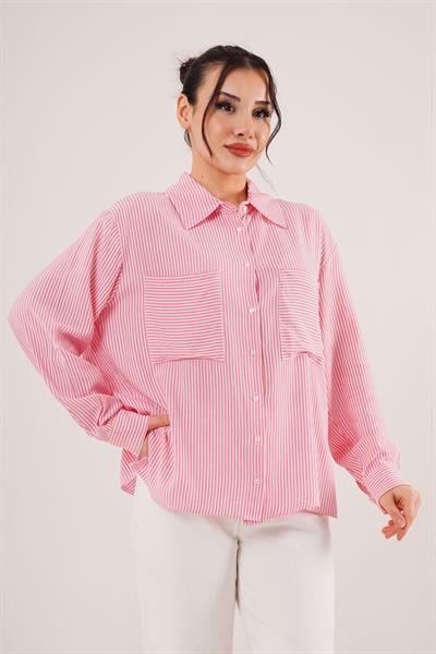Yarasa Kol Çizgili Cep Detaylı Pembe Gömlek