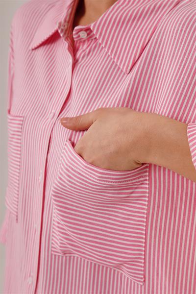 Yarasa Kol Çizgili Cep Detaylı Pembe Gömlek