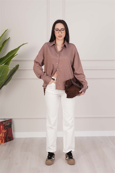 Sunshine Çizgili Kontrast Kahve Gömlek