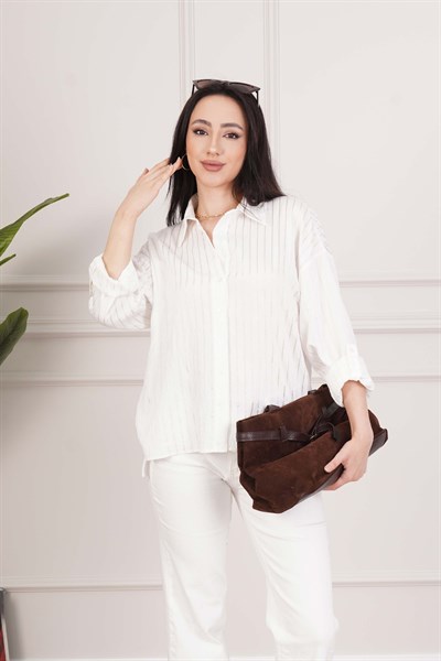 Sunshine Çizgili Kontrast Ekru Gömlek