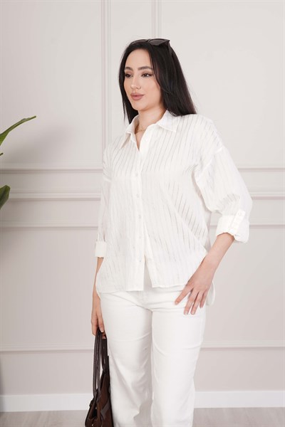 Sunshine Çizgili Kontrast Ekru Gömlek