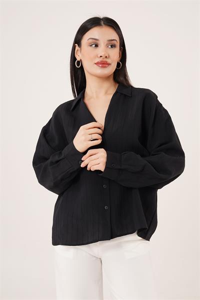 V Yaka Yarasa Kol Detaylı Çizgili Siyah Gömlek