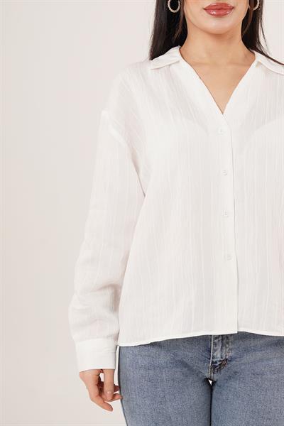 V Yaka Yarasa Kol Detaylı Çizgili Beyaz Gömlek