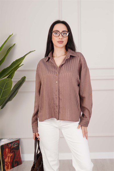 Sunshine Çizgili Kontrast Kahve Gömlek