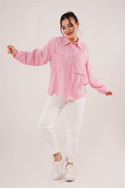 Yarasa Kol Çizgili Cep Detaylı Pembe Gömlek