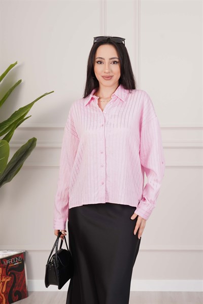 Sunshine Çizgili Kontrast Pembe Gömlek